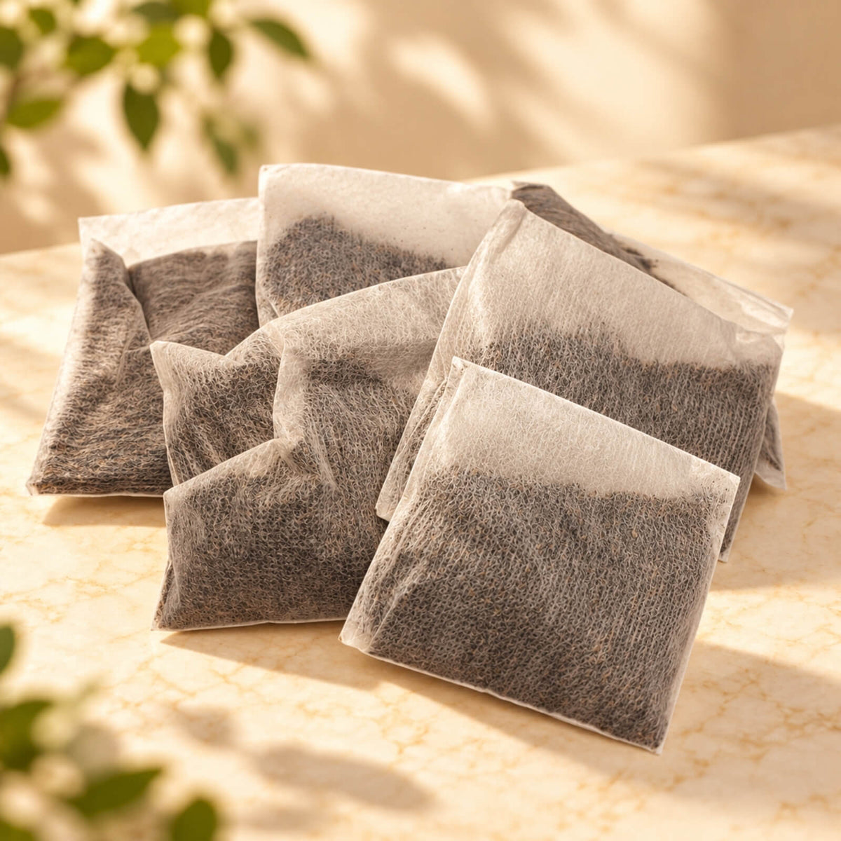 Six rectangular 10g Apple Black Tea bags made from fine filter material, showing dark tea leaves inside, arranged in an overlapping display on a warm beige surface.