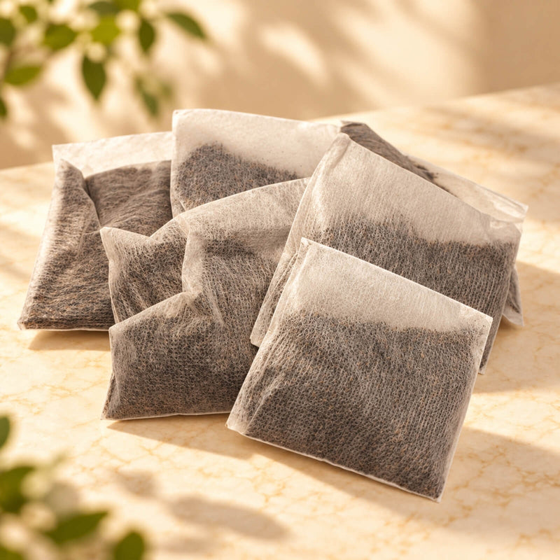 Six rectangular 10g Apple Black Tea bags made from fine filter material, showing dark tea leaves inside, arranged in an overlapping display on a warm beige surface.