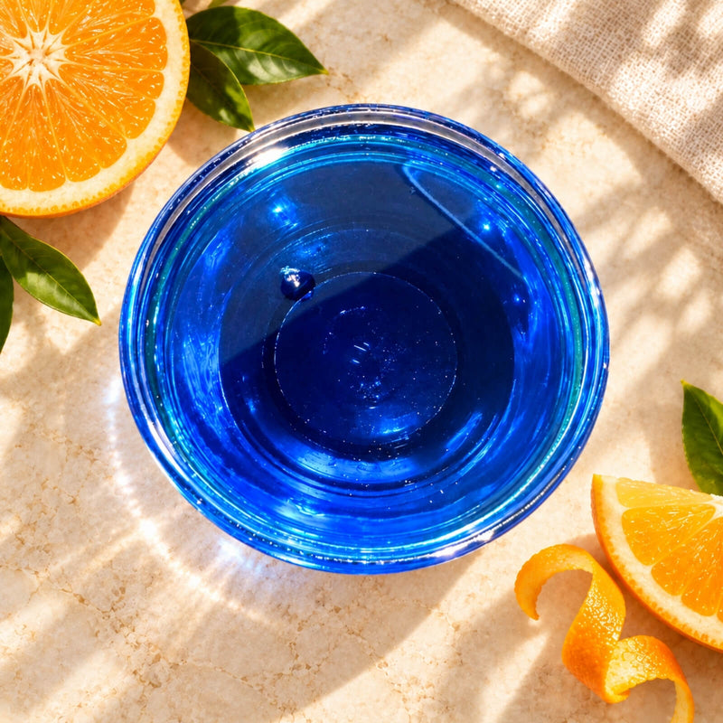 Blue Curacao flavoured syrup in a glass bowl, showing its vivid blue colour and smooth, glossy texture, displayed alongside orange slices and peel.