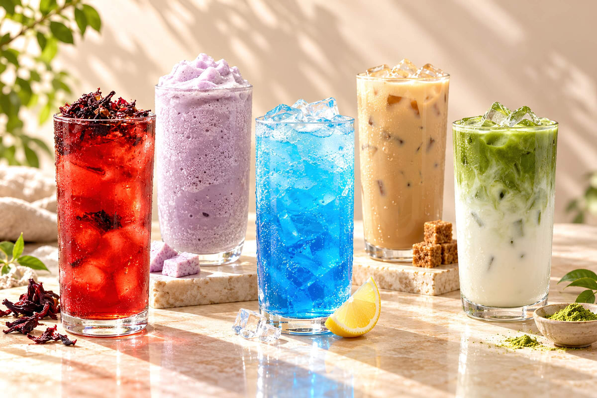 Five colourful bubble tea drinks featuring Black Forest Fruit Tea, Taro Milk Smoothie, Blue Curacao Sparkling, Okinawa Brown Sugar Milk Tea and Matcha Latte.