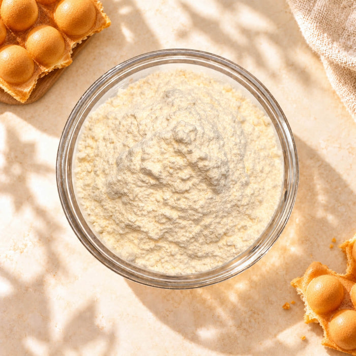 Top view of Bubble Waffle Powder in a clear glass bowl, showing its fine, pale cream texture, with golden egg waffles on a warm beige background.