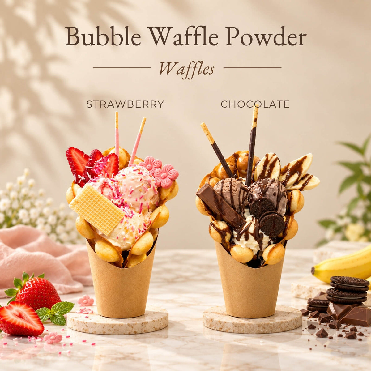 Strawberry and chocolate bubble waffles made with Bubble Waffle Powder, topped with ice cream, fresh fruit and chocolate, displayed on a warm beige background.