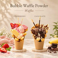 Strawberry and chocolate bubble waffles made with Bubble Waffle Powder, topped with ice cream, fresh fruit and chocolate, displayed on a warm beige background.