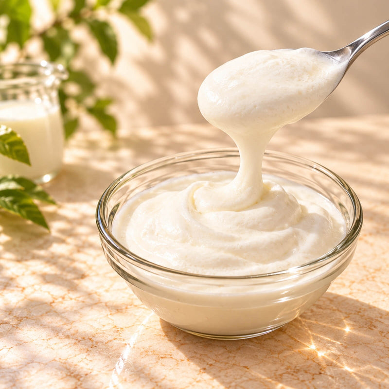 Thick and creamy cheese milk foam being lifted with a spoon above a clear glass bowl, showing its smooth, fluffy texture on a warm beige background.