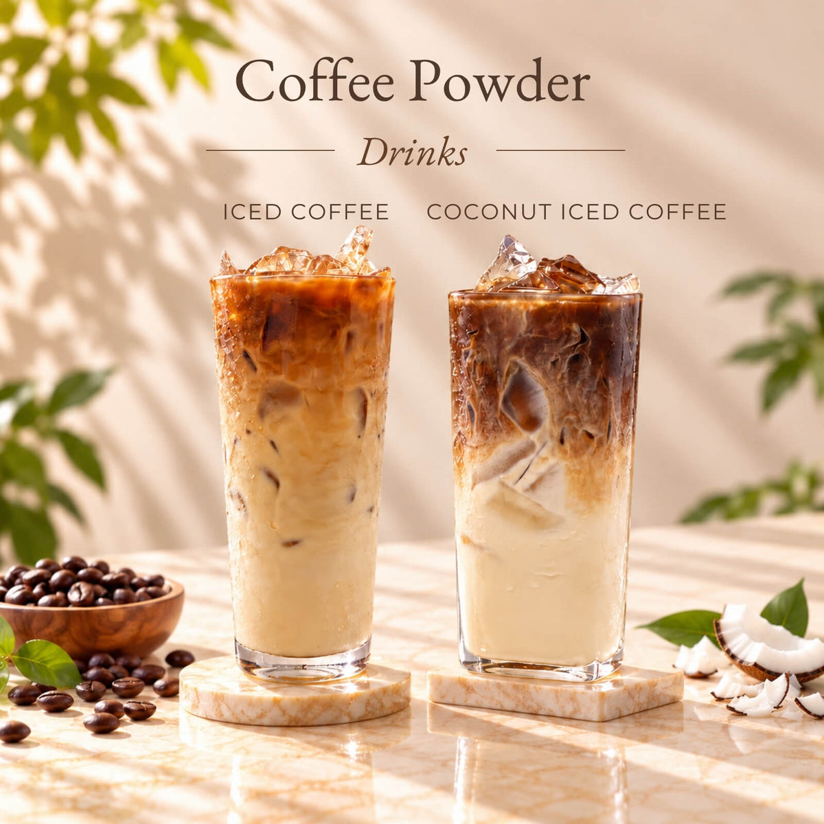 Two iced coffee drinks made with Coffee Powder, featuring classic iced coffee and coconut iced coffee served in tall glasses with creamy layers.