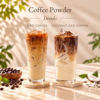 Two iced coffee drinks made with Coffee Powder, featuring classic iced coffee and coconut iced coffee served in tall glasses with creamy layers.