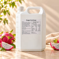5kg white plastic container of Dragon Fruit Flavoured Syrup with a white screw cap and product label, displayed alongside whole and sliced dragon fruit.