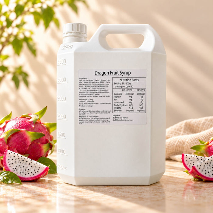 5kg white plastic container of Dragon Fruit Flavoured Syrup with a white screw cap and product label, displayed alongside whole and sliced dragon fruit.