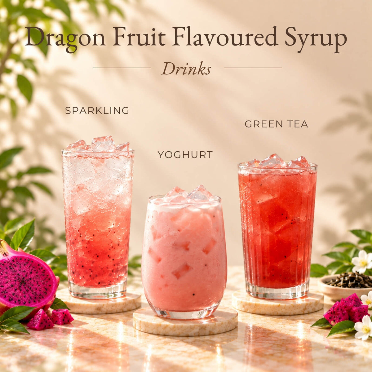 Three iced drinks made with dragon fruit flavoured syrup, including a pink sparkling drink, creamy yoghurt drink and red dragon fruit green tea.