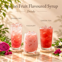 Three iced drinks made with dragon fruit flavoured syrup, including a pink sparkling drink, creamy yoghurt drink and red dragon fruit green tea.