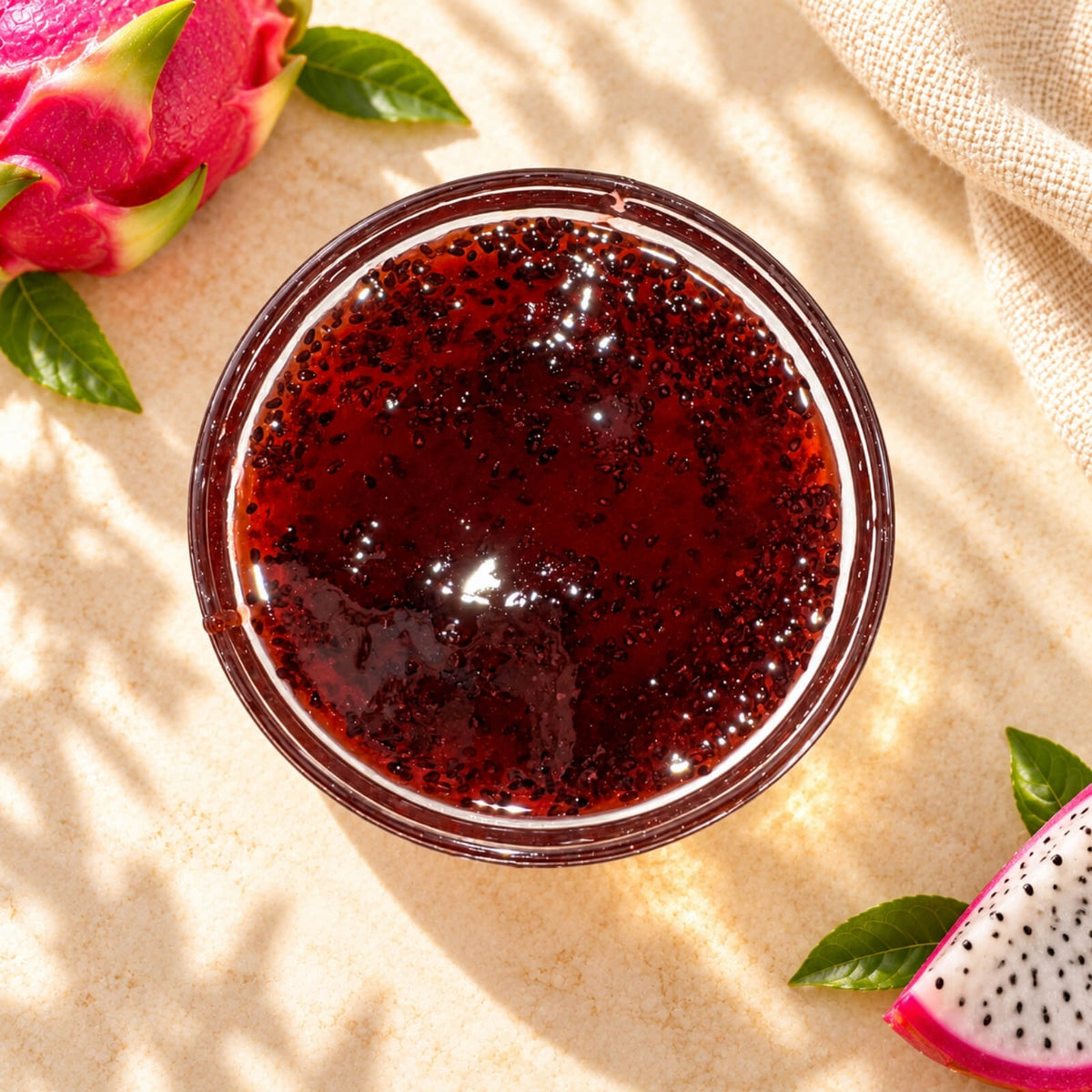 Dragon fruit flavoured syrup in a glass bowl, showing its deep red colour, glossy texture and visible black seeds, displayed alongside fresh dragon fruit.