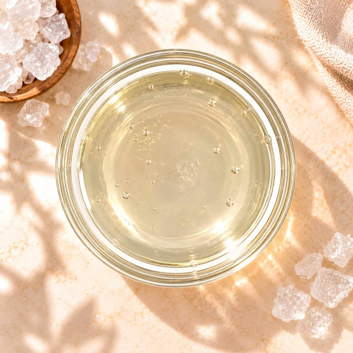 Top view of clear fructose syrup in a glass bowl, highlighting its light golden colour and smooth consistency.