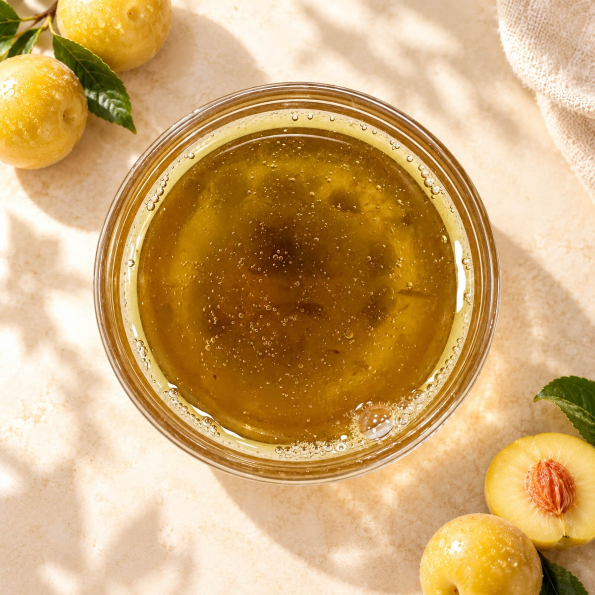 Golden crispy plum syrup in a glass bowl, showing its golden-amber colour and glossy texture with visible plum pieces, displayed alongside yellow plums.