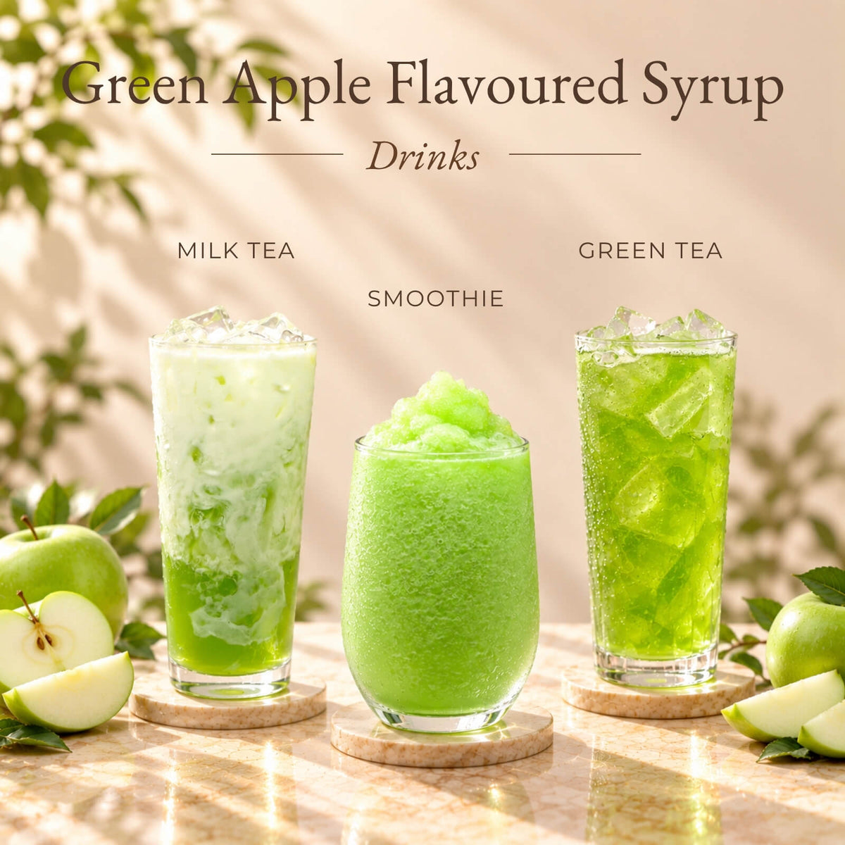 Three green apple flavoured drinks made with green apple syrup, including milk tea, smoothie and iced green tea.