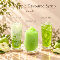 Three green apple flavoured drinks made with green apple syrup, including milk tea, smoothie and iced green tea.