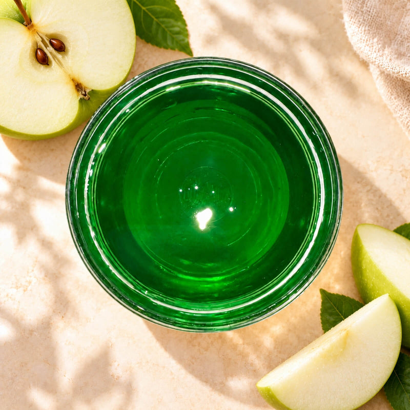 Green apple flavoured syrup in a glass bowl, showing its vibrant emerald-green colour and smooth, glossy texture, displayed alongside fresh green apple slices.