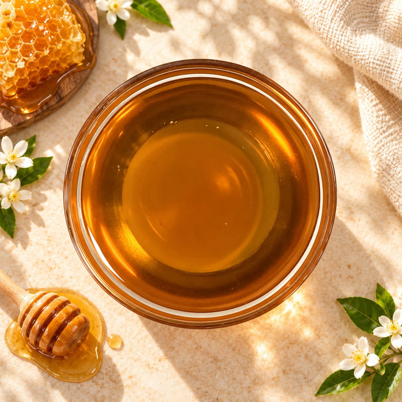 Honey flavoured syrup in a glass bowl, showing its clear golden-amber colour and smooth, glossy texture, displayed with honeycomb and a wooden honey dipper.