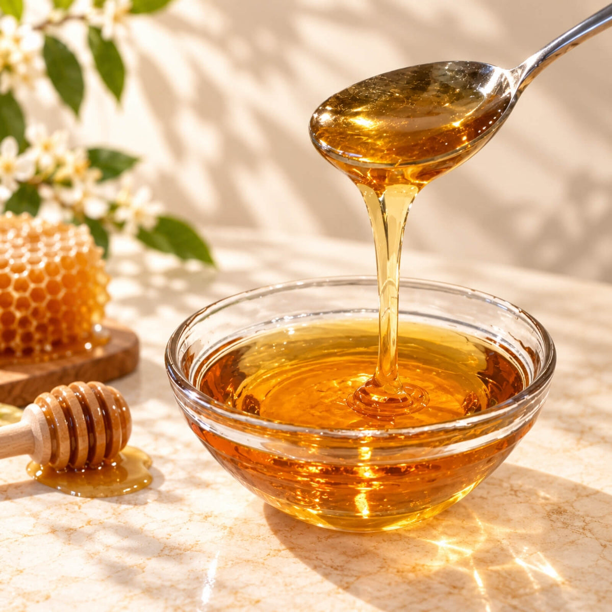 Golden amber honey flavoured syrup pouring from a spoon into a glass bowl, showing its thick, smooth and glossy consistency.