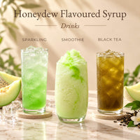 Three honeydew flavoured drinks made with honeydew syrup, including a light green sparkling drink, creamy smoothie and iced black tea.