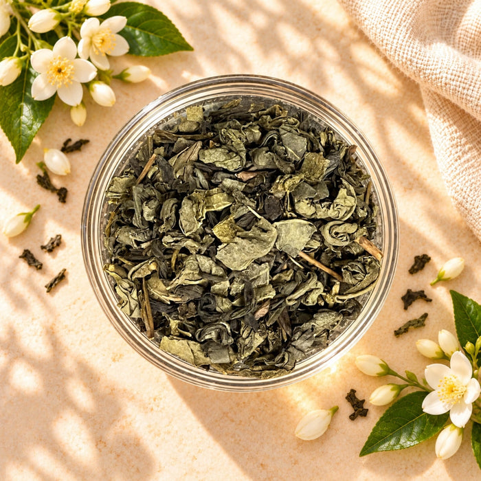 Loose Jasmine Green Tea leaves in a clear glass bowl, showing their olive-green colour and dried, curled leaf texture, surrounded by decorative white jasmine flowers.