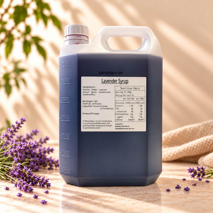 5kg container of Lavender Flavoured Syrup with dark purple syrup and a white screw cap, displayed alongside lavender flowers.