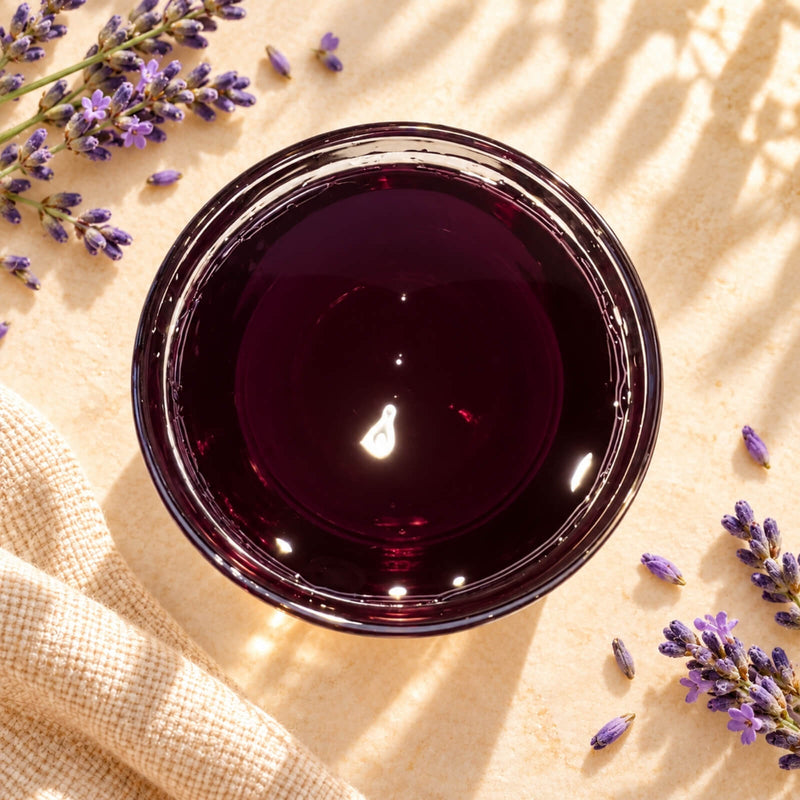 Lavender flavoured syrup in a glass bowl, showing its deep purple-red colour and smooth, glossy texture, surrounded by lavender flowers.