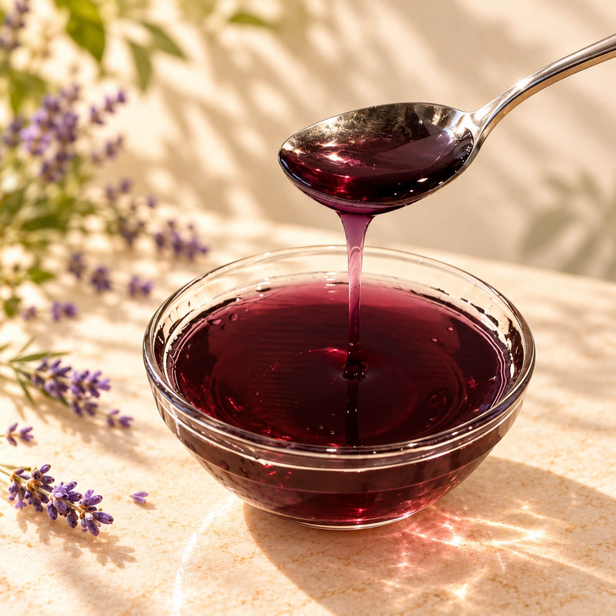 Deep purple-red lavender flavoured syrup pouring from a spoon into a glass bowl, highlighting its rich colour and thick, glossy consistency.