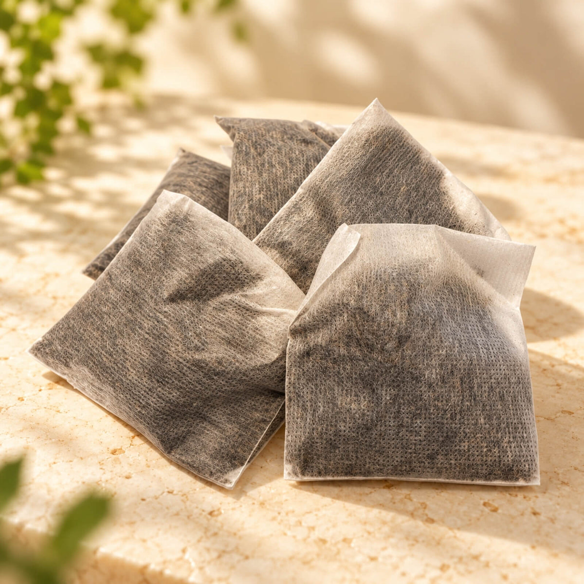 Five rectangular 10g Lychee Black Tea bags made from fine filter material, showing dark tea leaves inside, arranged on a warm beige surface.