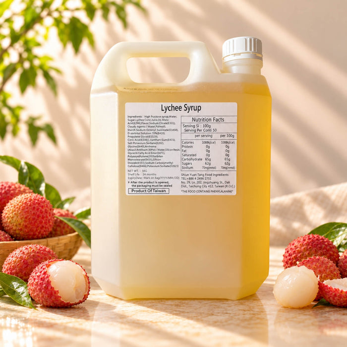 5kg container of Lychee Flavoured Syrup with a white screw cap, displayed alongside whole and peeled lychees.