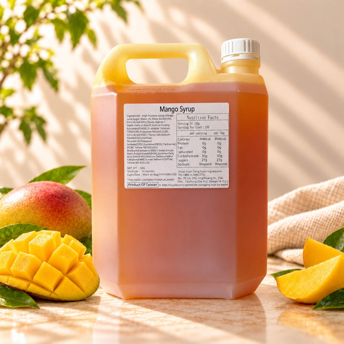 5kg bottle of Mango Flavoured Syrup with fresh mangoes, ideal for bubble tea, smoothies and fruit drinks.
 Copy ALT