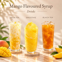 Three mango flavoured drinks made with mango syrup, including milk tea, smoothie and black tea.