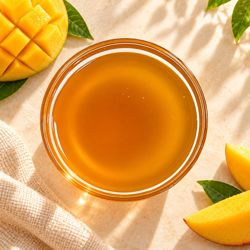 5kg bottle of Mango Flavoured Syrup with fresh mangoes, ideal for bubble tea, smoothies and fruit drinks.