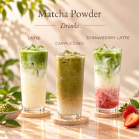 Three iced matcha drinks made with Matcha Powder, including matcha latte, matcha cappuccino and strawberry matcha latte, displayed on a warm beige background.