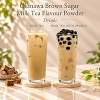 Two Okinawa brown sugar milk tea drinks, one served with ice and the other topped with black tapioca pearls, displayed with brown sugar cubes on a warm beige background.