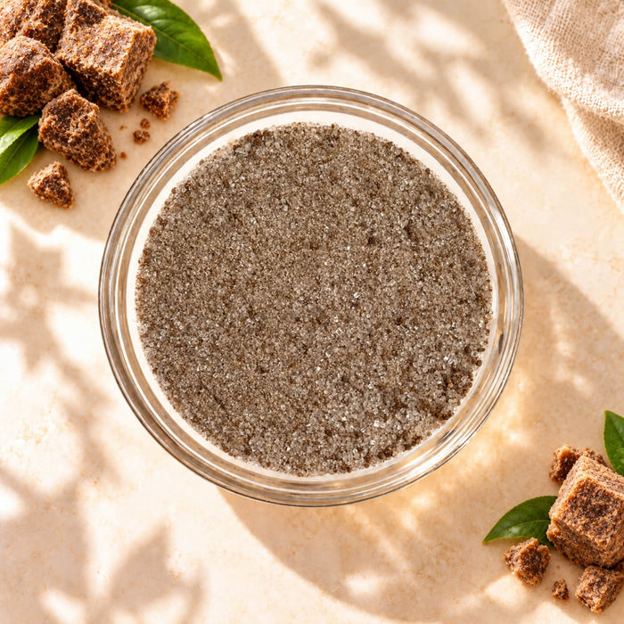 Top view of Okinawa Brown Sugar Milk Tea Flavour Powder in a clear glass bowl, showing its fine brown granules, surrounded by brown sugar cubes on a warm beige background.