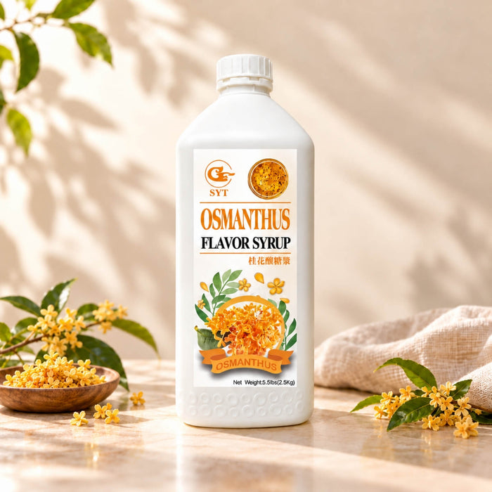 2.5kg white bottle of Osmanthus Flavoured Syrup with an orange floral label, displayed alongside yellow osmanthus blossoms.
