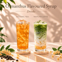 Two iced drinks made with osmanthus flavoured syrup, featuring osmanthus oolong tea and a layered matcha latte.