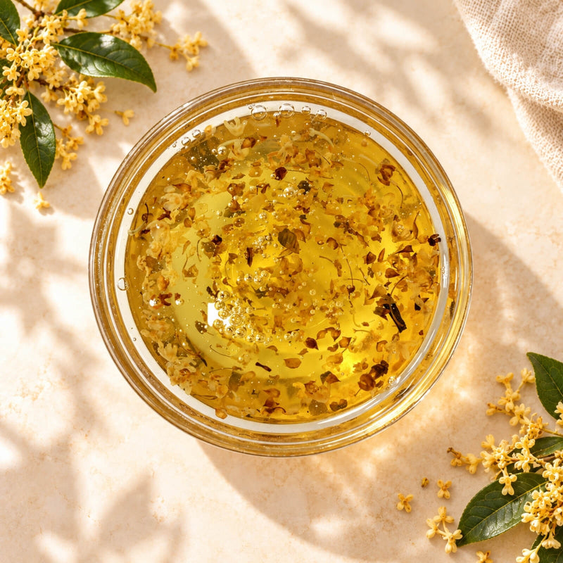 Osmanthus flavoured syrup in a glass bowl, showing its golden-yellow colour and visible osmanthus flower pieces, surrounded by fresh blossoms.