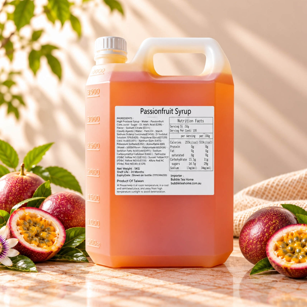 5kg container of Passionfruit Flavoured Syrup with orange-coloured syrup, displayed alongside whole and halved passionfruit.