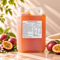 5kg container of Passionfruit Flavoured Syrup with orange-coloured syrup, displayed alongside whole and halved passionfruit.