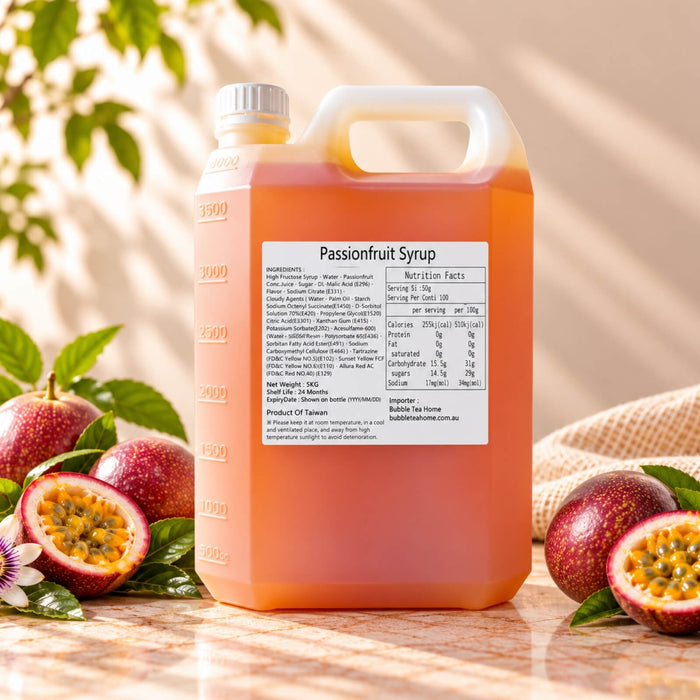 5kg container of Passionfruit Flavoured Syrup with orange-coloured syrup, displayed alongside whole and halved passionfruit.
