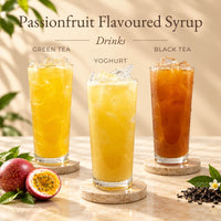 Three iced drinks made with passionfruit flavoured syrup, including green tea, yoghurt drink and black tea.