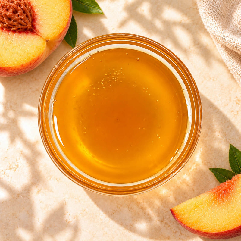 Peach flavoured syrup in a glass bowl, showing its golden-orange colour and smooth texture.
