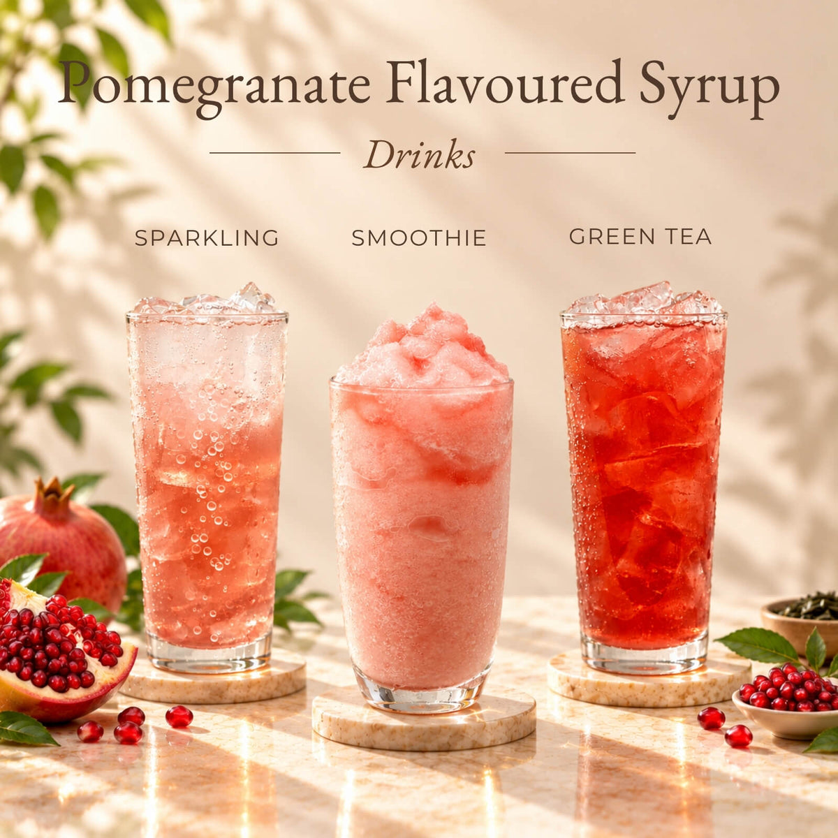 Three iced drinks made with pomegranate flavoured syrup, including a pink sparkling drink, smoothie and red pomegranate green tea.