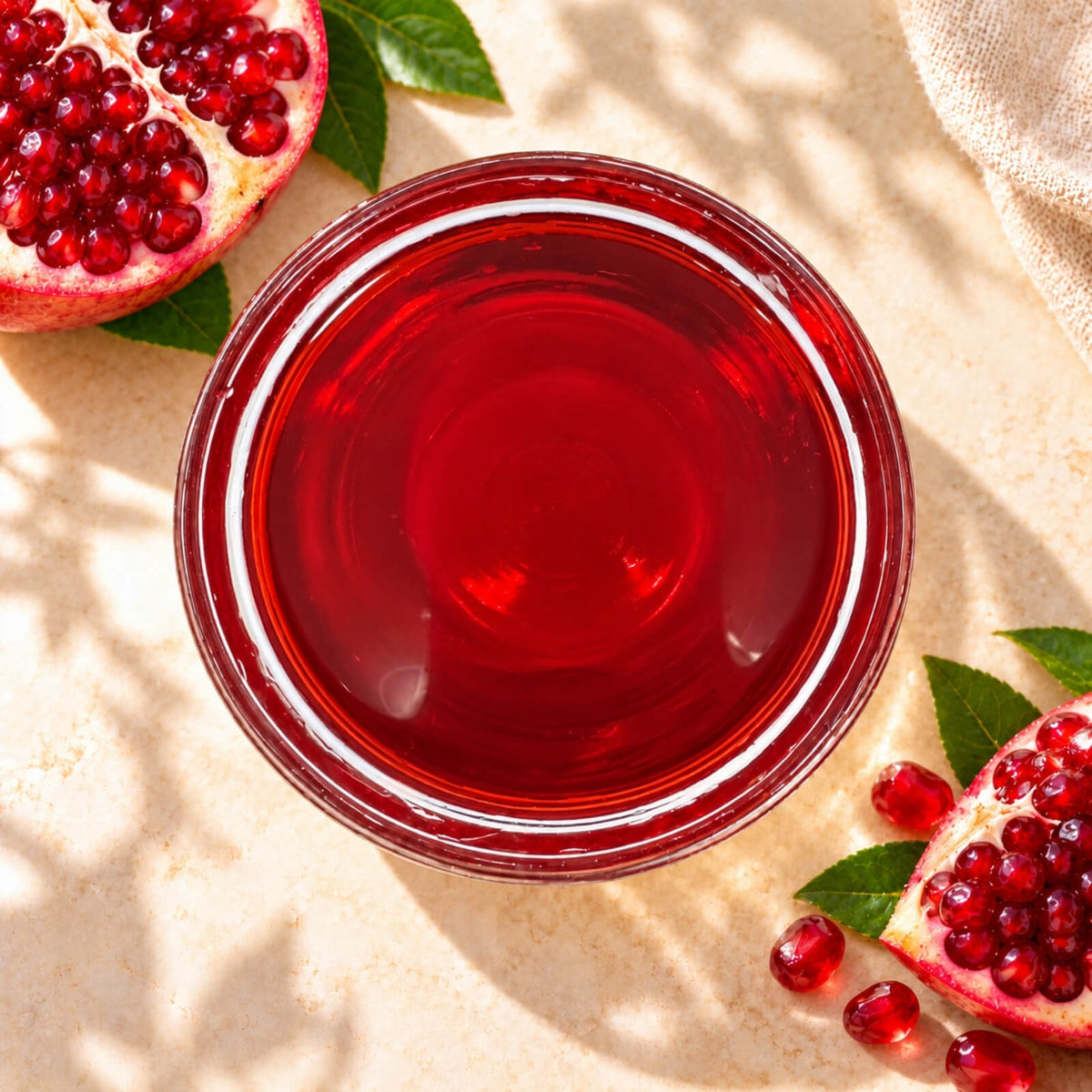Pomegranate flavoured syrup in a glass bowl, showing its deep ruby-red colour and smooth, glossy texture, surrounded by fresh pomegranate seeds.