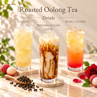Three iced Roasted Oolong Tea drinks featuring lychee tea, brown sugar latte and rose lychee tea, served in tall glasses with ice.