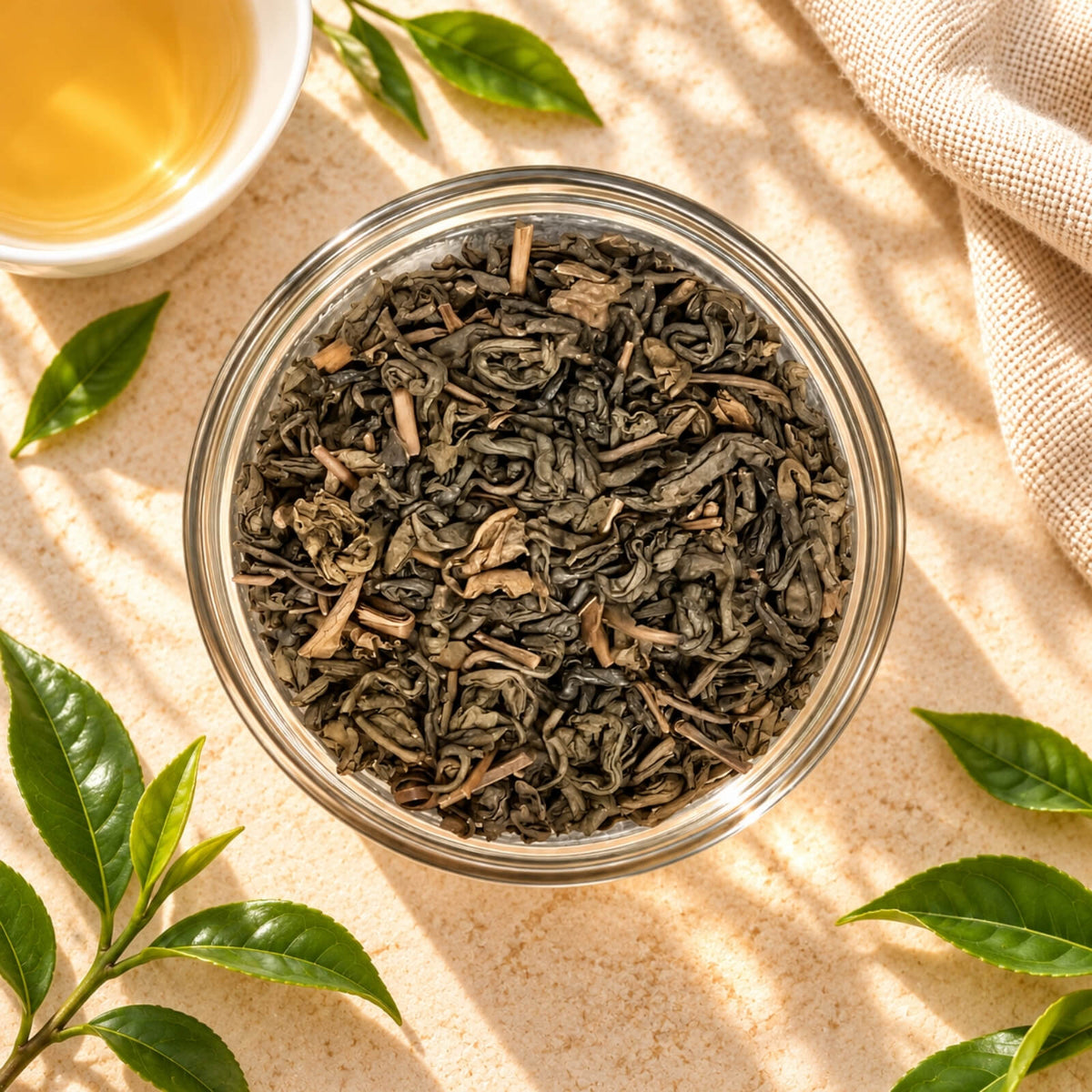 Loose Roasted Oolong Tea leaves in a clear glass bowl, showing their olive-brown colour, loosely twisted and curled leaf shapes, with a cup of brewed tea nearby.