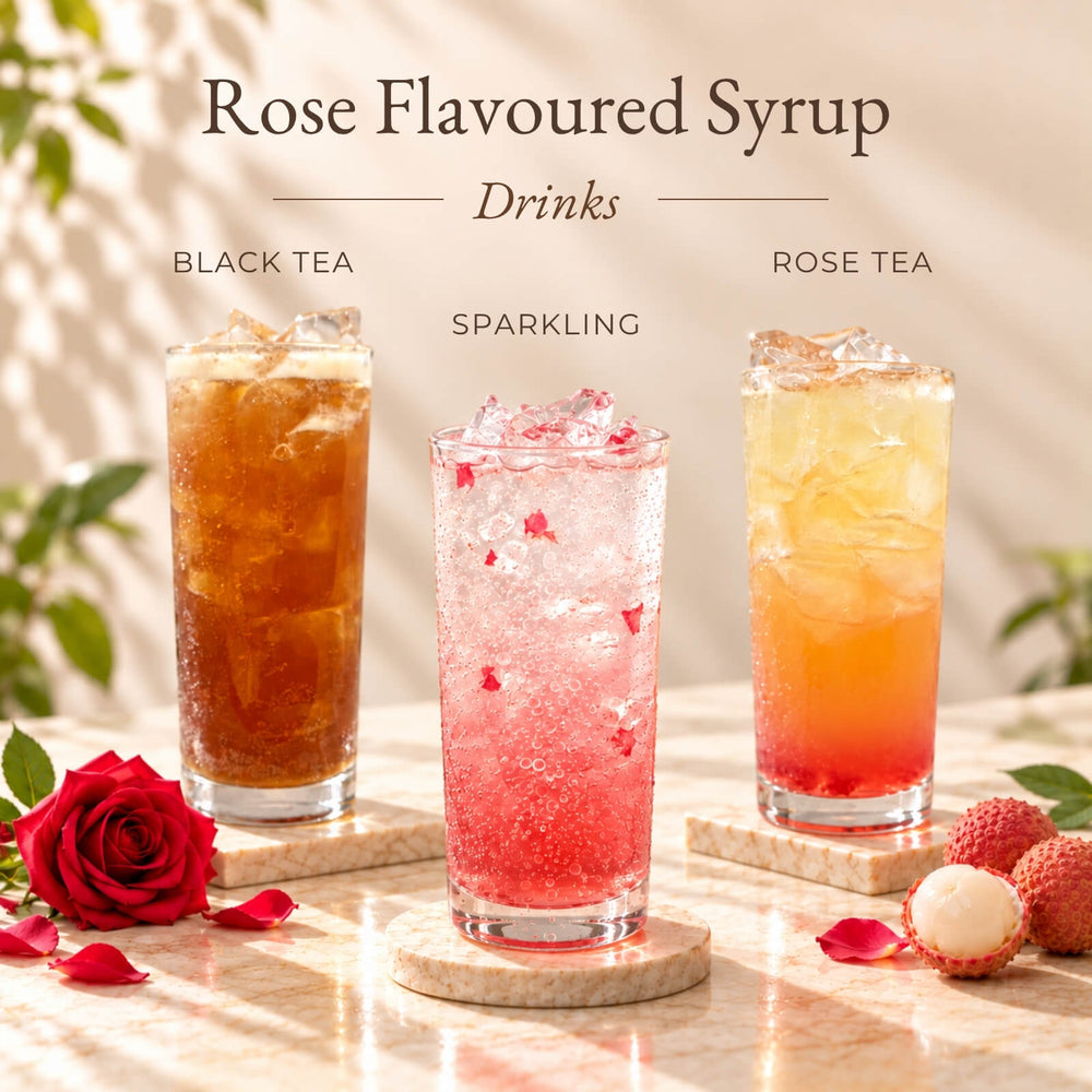Three iced drinks made with Rose Flavoured Syrup, including black tea, pink sparkling drink and rose tea.