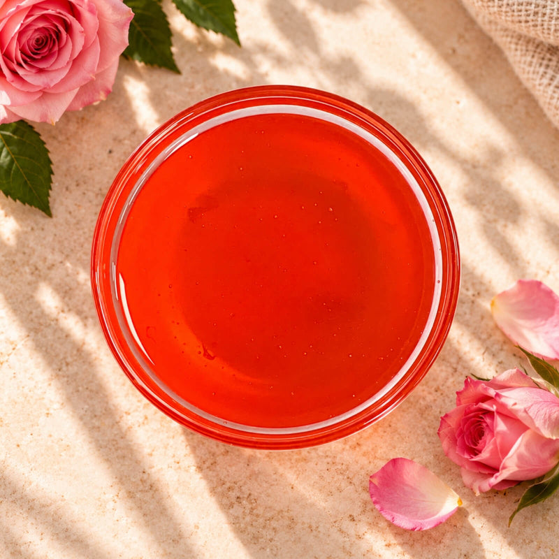 Rose flavoured syrup in a glass bowl, showing its vibrant red-pink colour and smooth, glossy texture, surrounded by pink roses.