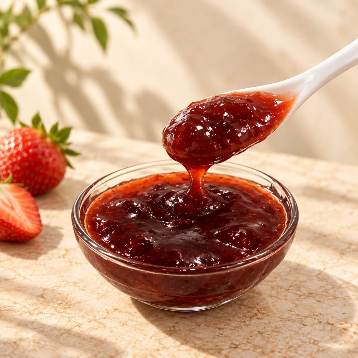 Thick strawberry jam dripping from a white ceramic spoon into a glass bowl, showing its rich red colour, glossy texture and visible strawberry pieces.